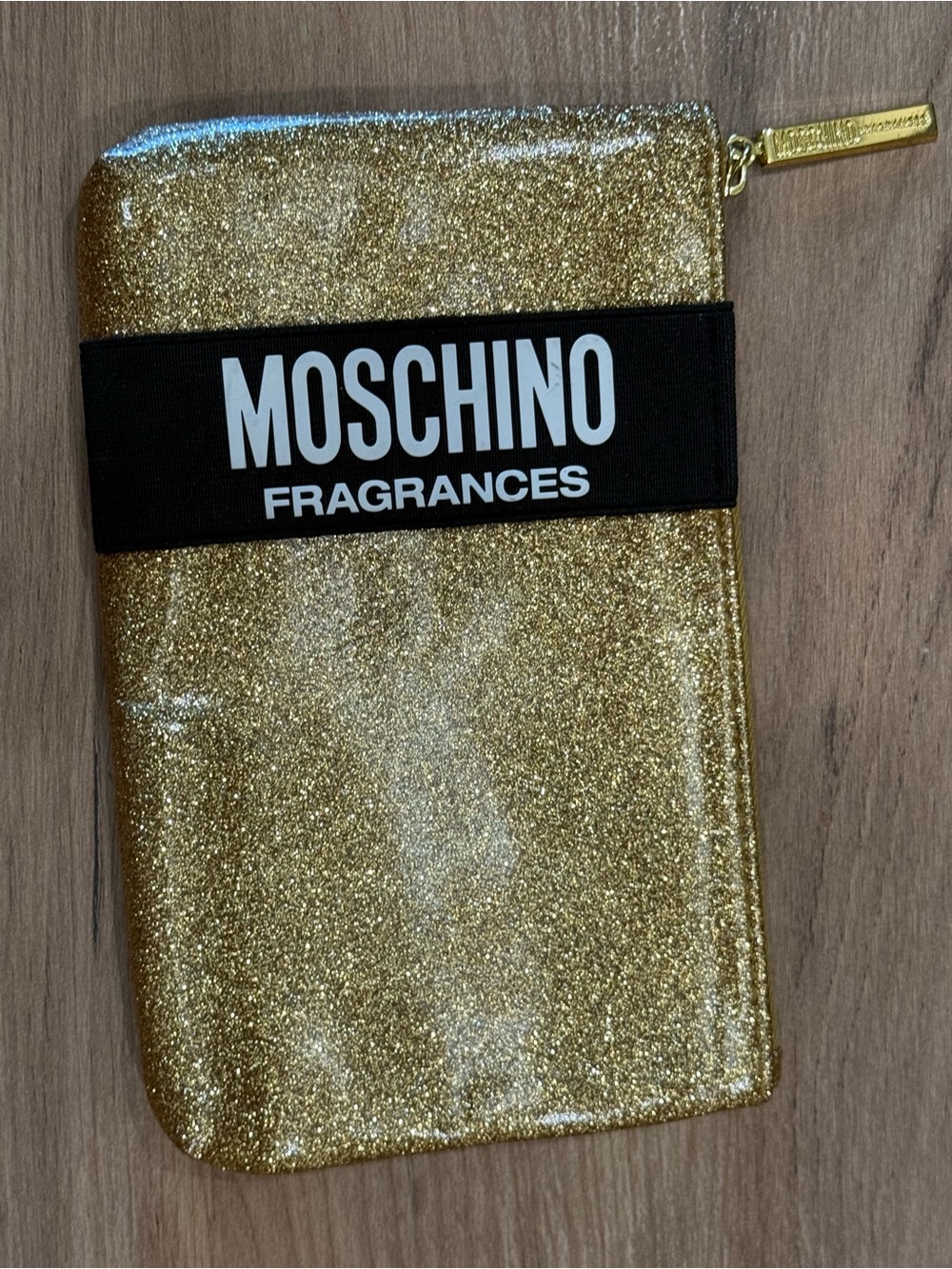 Moschino Gold Glitter Cosmetic Pouch with Branded Strap
